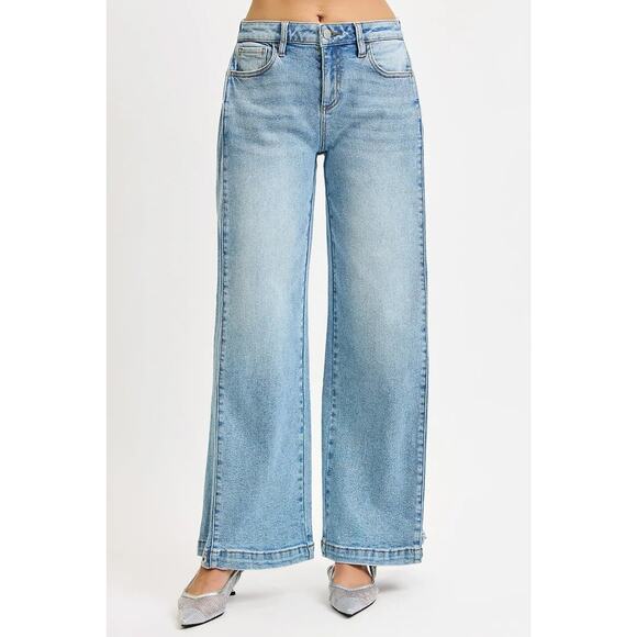 RISEN Mid Rise Snap Button Medium Wash Wide Barrel Transferable Leg Denim Jeans - Picture 9 of 12